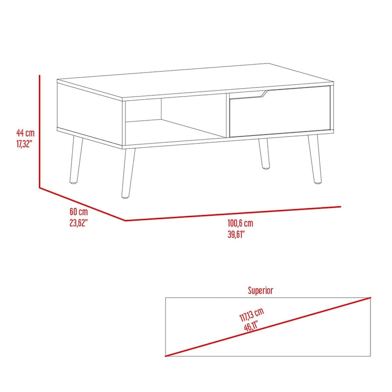 Table basse Mid-century en noyer foncé avec tiroir et étagère ouverte