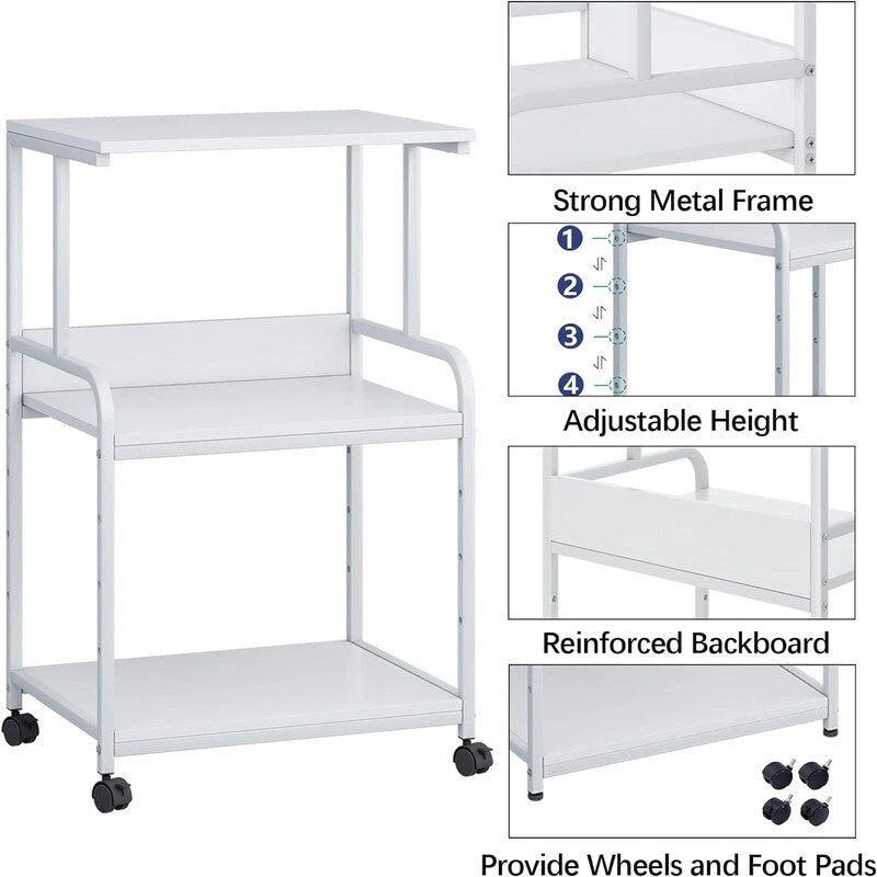 Support d'imprimante roulant à 3 niveaux avec étagères de rangement, blanc, noir, marron