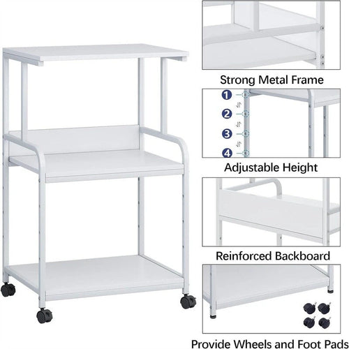 Support d'imprimante roulant à 3 niveaux avec étagères de rangement, blanc, noir, marron