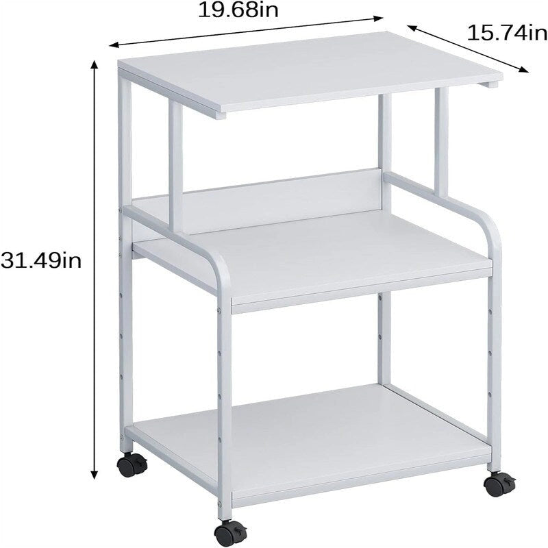 Support d'imprimante roulant à 3 niveaux avec étagères de rangement, blanc, noir, marron