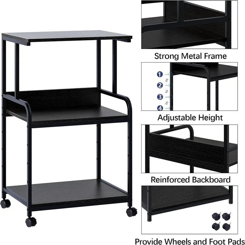Support d'imprimante roulant à 3 niveaux avec étagères de rangement, blanc, noir, marron