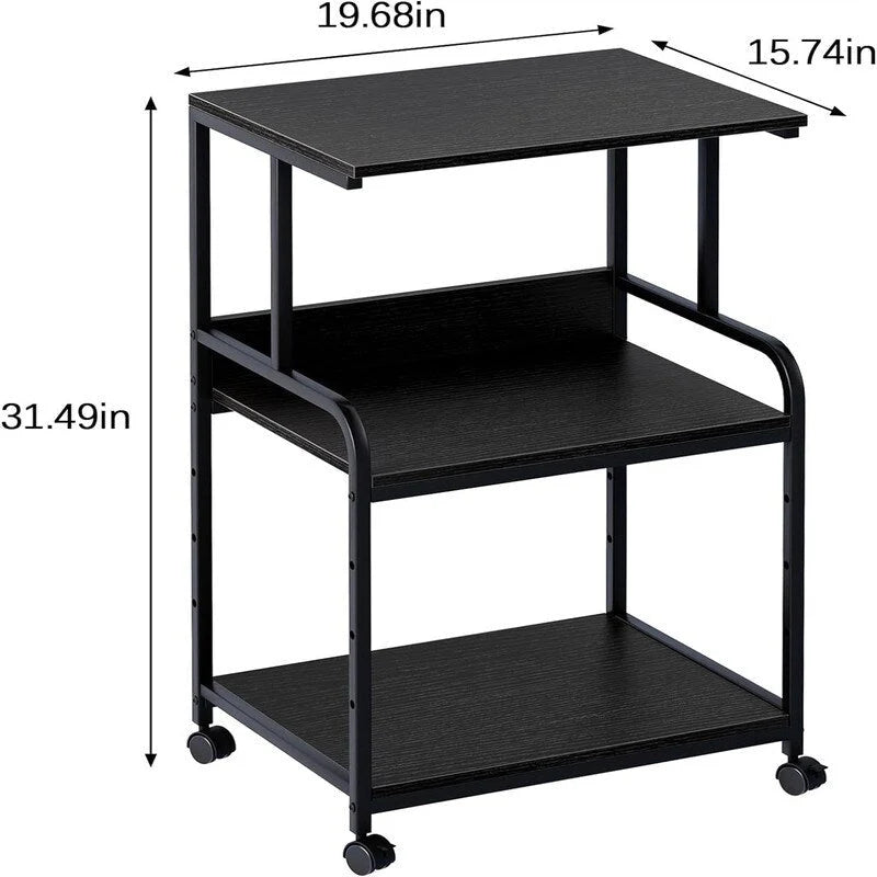 Support d'imprimante roulant à 3 niveaux avec étagères de rangement, blanc, noir, marron