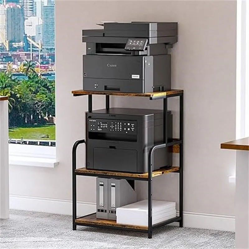 Support d'imprimante roulant à 3 niveaux avec étagères de rangement, blanc, noir, marron