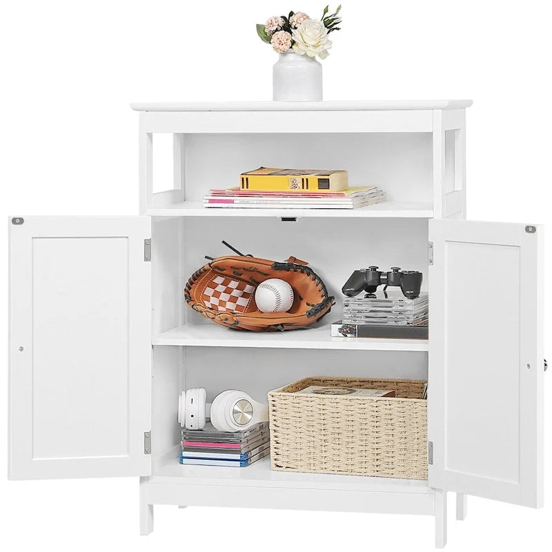 Meuble de rangement blanc pour salle de bain avec étagère réglable et étagère ouverte