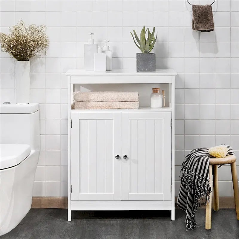 Meuble de rangement blanc pour salle de bain avec étagère réglable et étagère ouverte