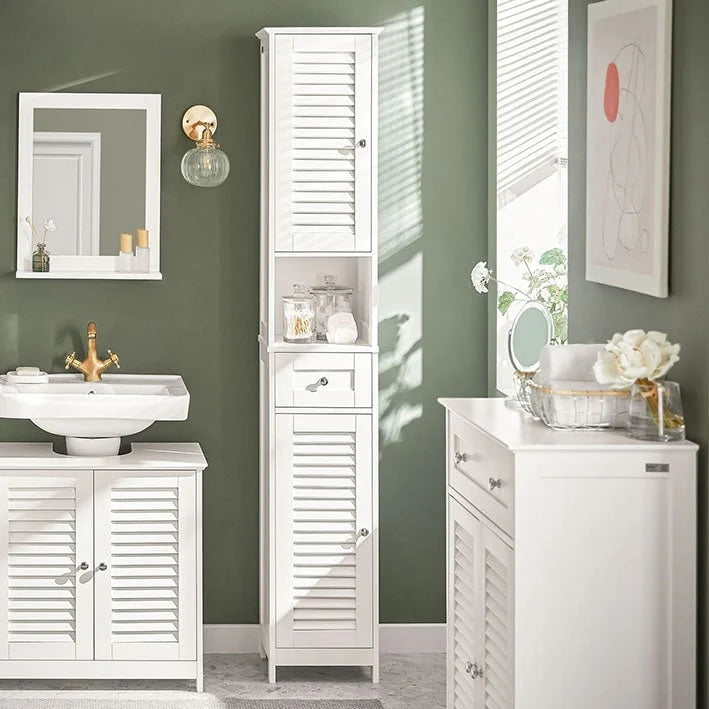 Meuble de rangement haut de salle de bain avec portes à lattes, tiroir et étagère ouverte blanc