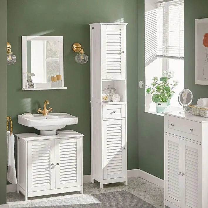 Meuble de rangement haut de salle de bain avec portes à lattes, tiroir et étagère ouverte blanc