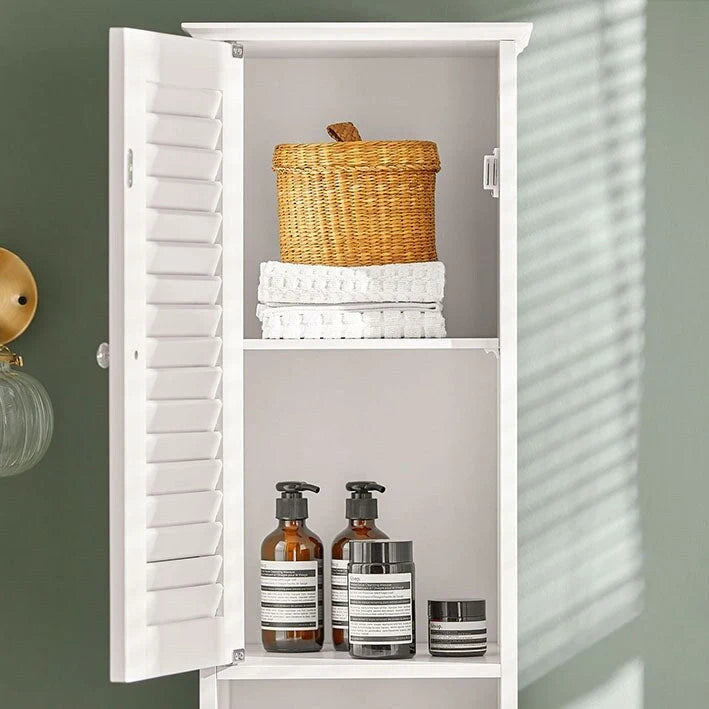 Meuble de rangement haut de salle de bain avec portes à lattes, tiroir et étagère ouverte blanc