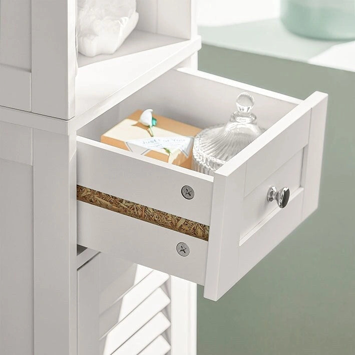 Meuble de rangement haut de salle de bain avec portes à lattes, tiroir et étagère ouverte blanc