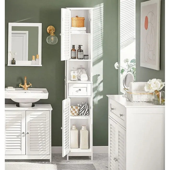Meuble de rangement haut de salle de bain avec portes à lattes, tiroir et étagère ouverte blanc