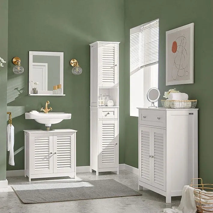 Meuble de rangement haut de salle de bain avec portes à lattes, tiroir et étagère ouverte blanc