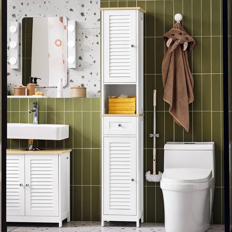 Meuble de rangement haut de salle de bain avec portes à lattes, tiroir et étagère ouverte blanc