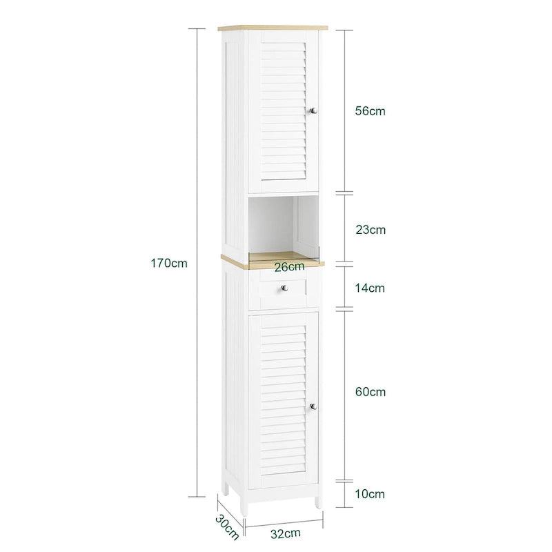 Meuble de rangement haut de salle de bain avec portes à lattes, tiroir et étagère ouverte blanc