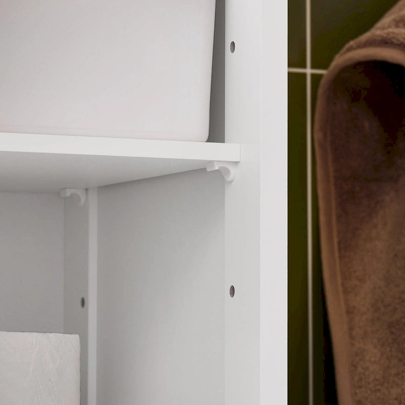 Meuble de rangement haut de salle de bain avec portes à lattes, tiroir et étagère ouverte blanc