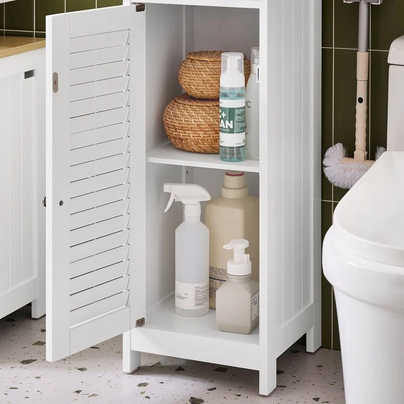 Meuble de rangement haut de salle de bain avec portes à lattes, tiroir et étagère ouverte blanc