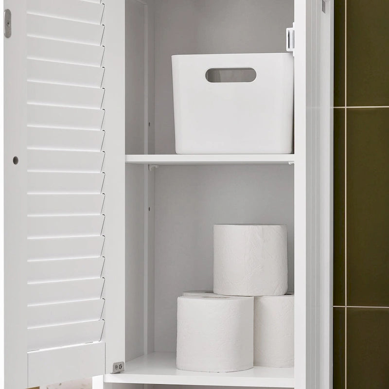 Meuble de rangement haut de salle de bain avec portes à lattes, tiroir et étagère ouverte blanc