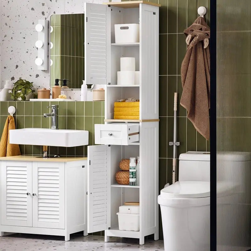 Meuble de rangement haut de salle de bain avec portes à lattes, tiroir et étagère ouverte blanc