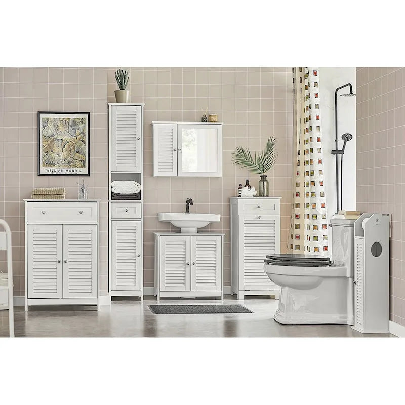 Meuble de rangement haut de salle de bain avec portes à lattes, tiroir et étagère ouverte blanc