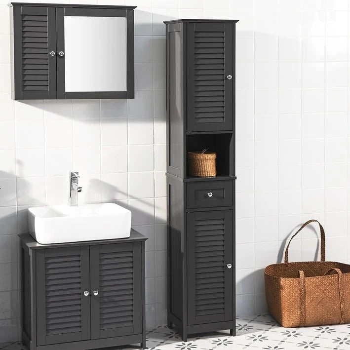 Meuble de rangement haut de salle de bain avec portes à lattes, tiroir et étagère ouverte blanc