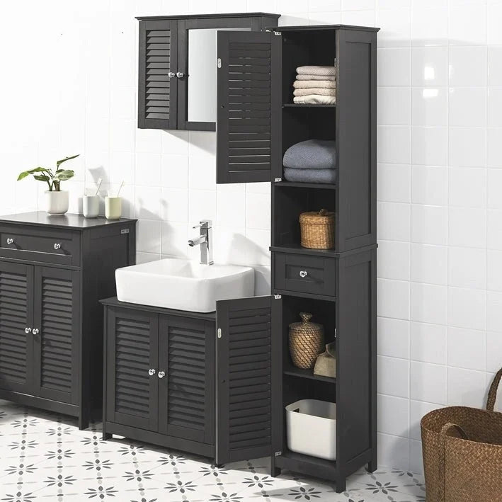 Meuble de rangement haut de salle de bain avec portes à lattes, tiroir et étagère ouverte blanc