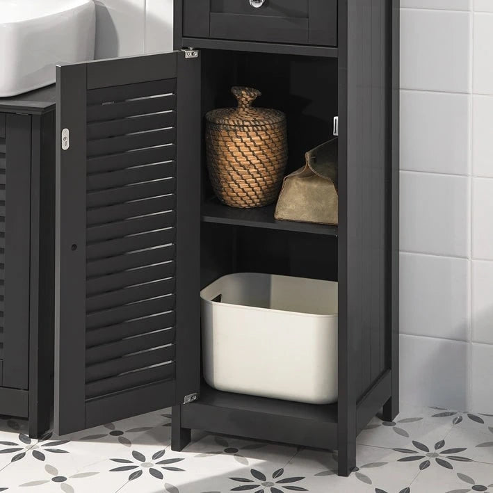 Meuble de rangement haut de salle de bain avec portes à lattes, tiroir et étagère ouverte blanc