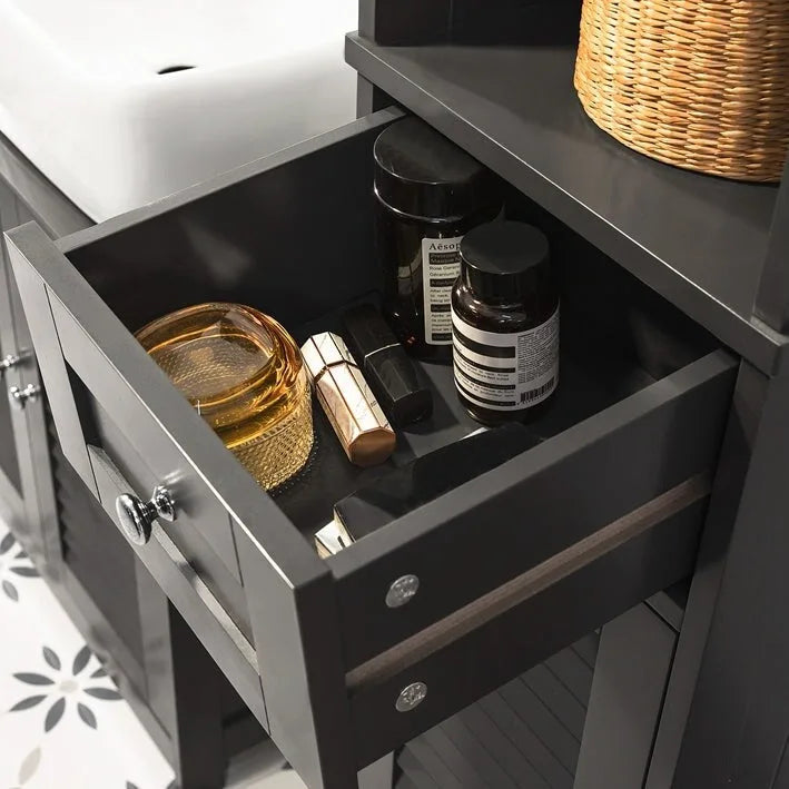 Meuble de rangement haut de salle de bain avec portes à lattes, tiroir et étagère ouverte blanc