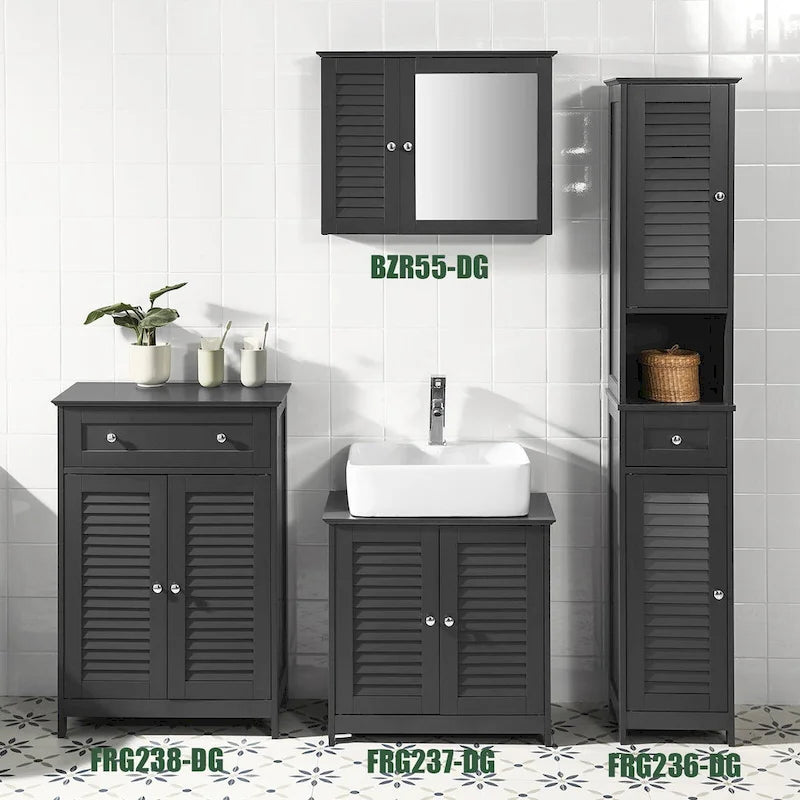Meuble de rangement haut de salle de bain avec portes à lattes, tiroir et étagère ouverte blanc