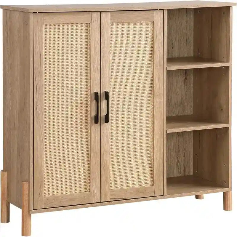 Armoire de rangement autoportante en rotin avec étagères latérales ouvertes en bois naturel