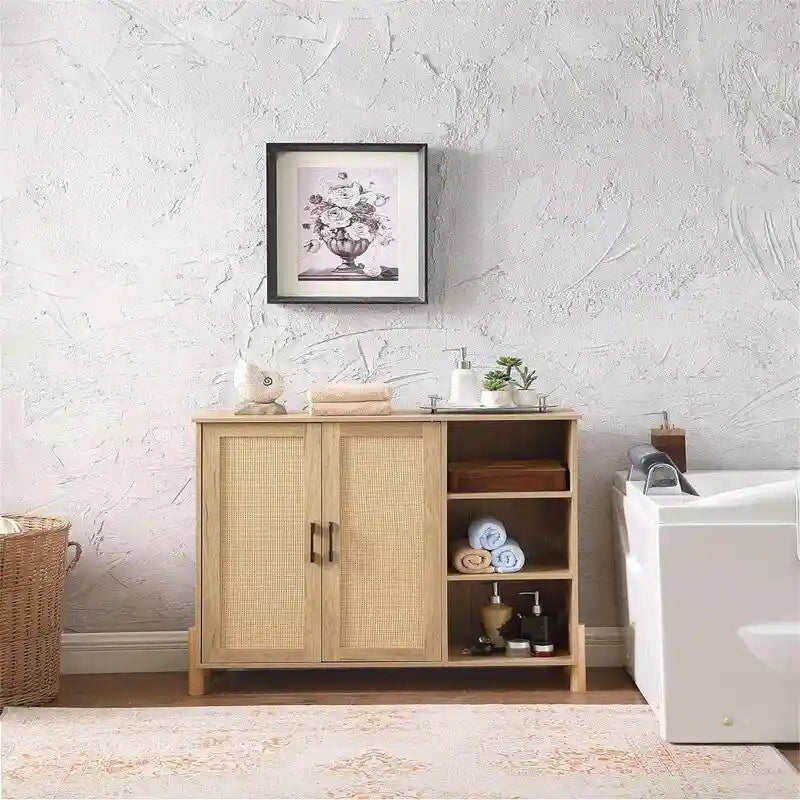 Armoire de rangement autoportante en rotin avec étagères latérales ouvertes en bois naturel