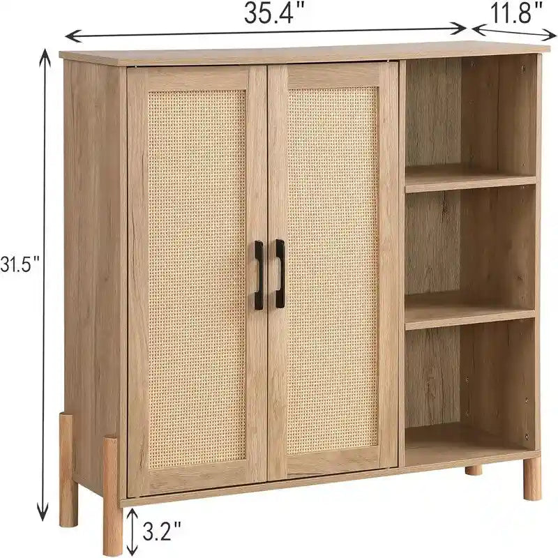Armoire de rangement autoportante en rotin avec étagères latérales ouvertes en bois naturel