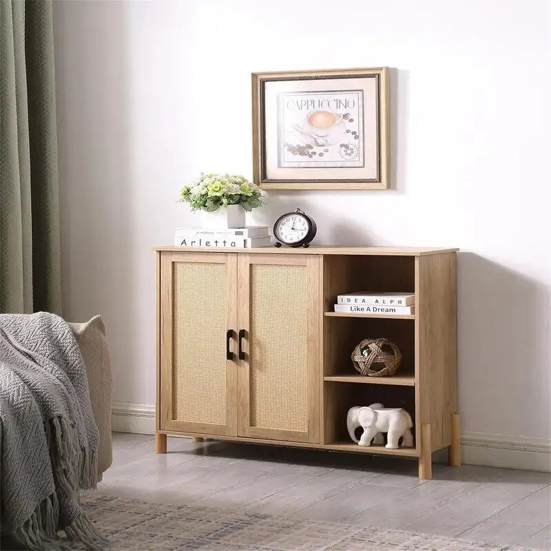 Armoire de rangement autoportante en rotin avec étagères latérales ouvertes en bois naturel