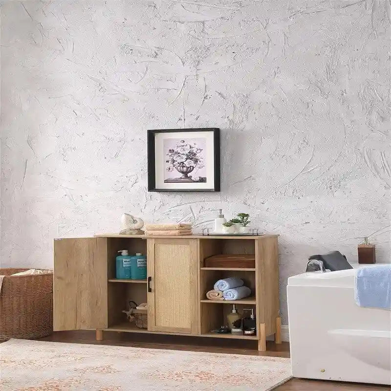 Armoire de rangement autoportante en rotin avec étagères latérales ouvertes en bois naturel