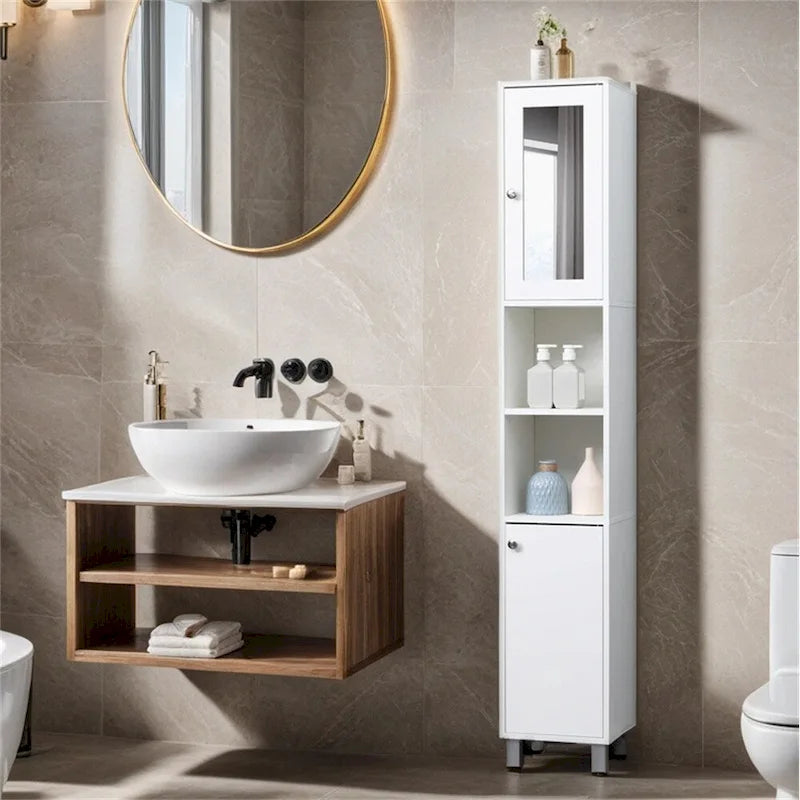 Tall Bathroom Storage Cabinet with Mirror,Freestanding Tower Cabinet