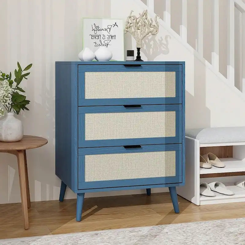 Commode de rangement à 3 tiroirs avec panneaux en rotin et pieds en pin, bleue