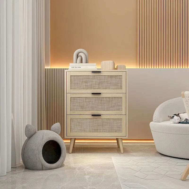Commode de rangement à 3 tiroirs avec panneaux en rotin et pieds en pin, bleue