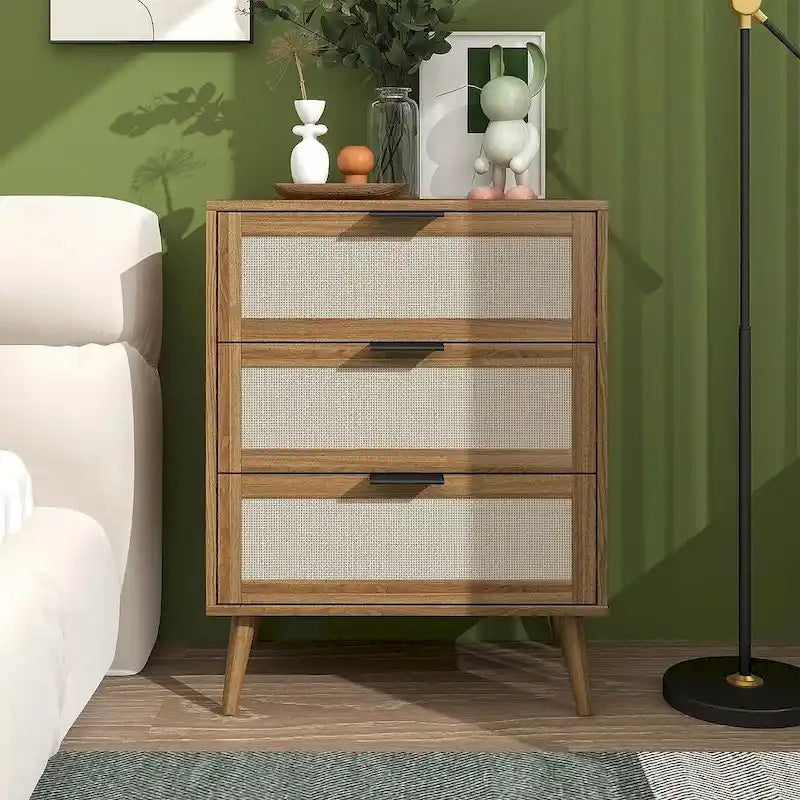 Commode de rangement à 3 tiroirs avec panneaux en rotin et pieds en pin, bleue