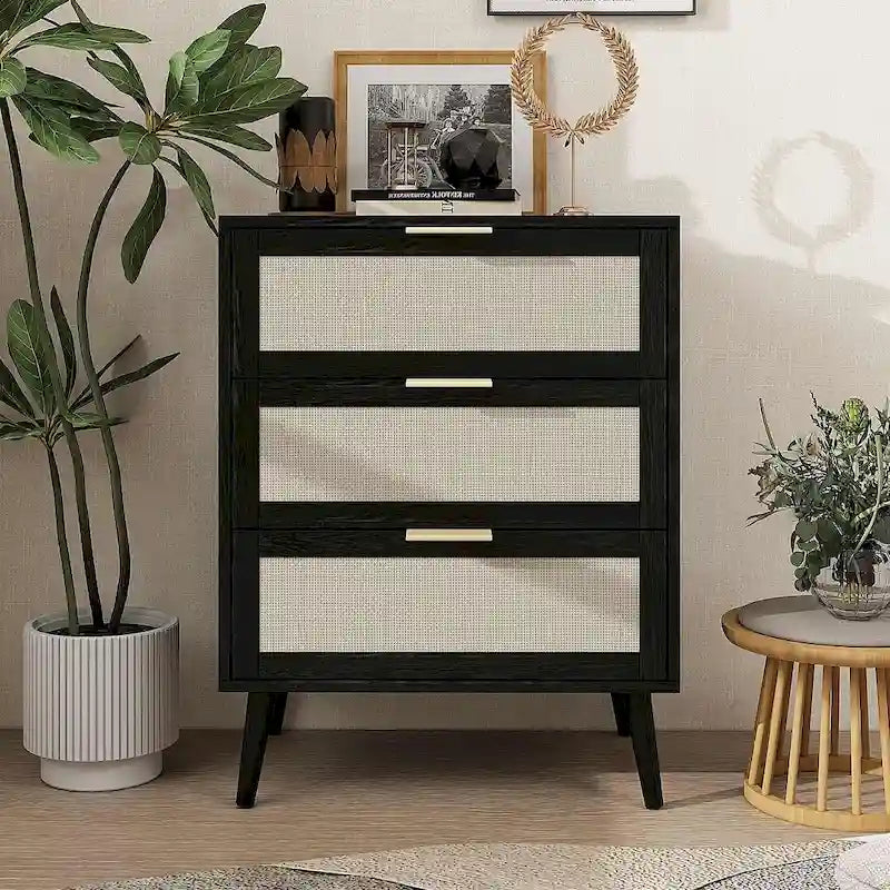Commode de rangement à 3 tiroirs avec panneaux en rotin et pieds en pin, bleue