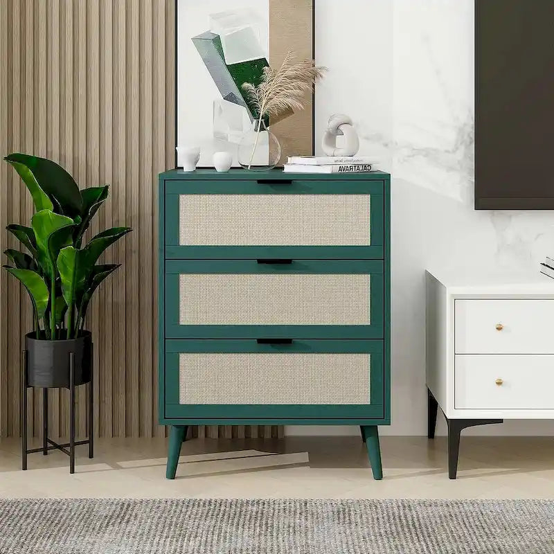 Commode de rangement à 3 tiroirs avec panneaux en rotin et pieds en pin, bleue