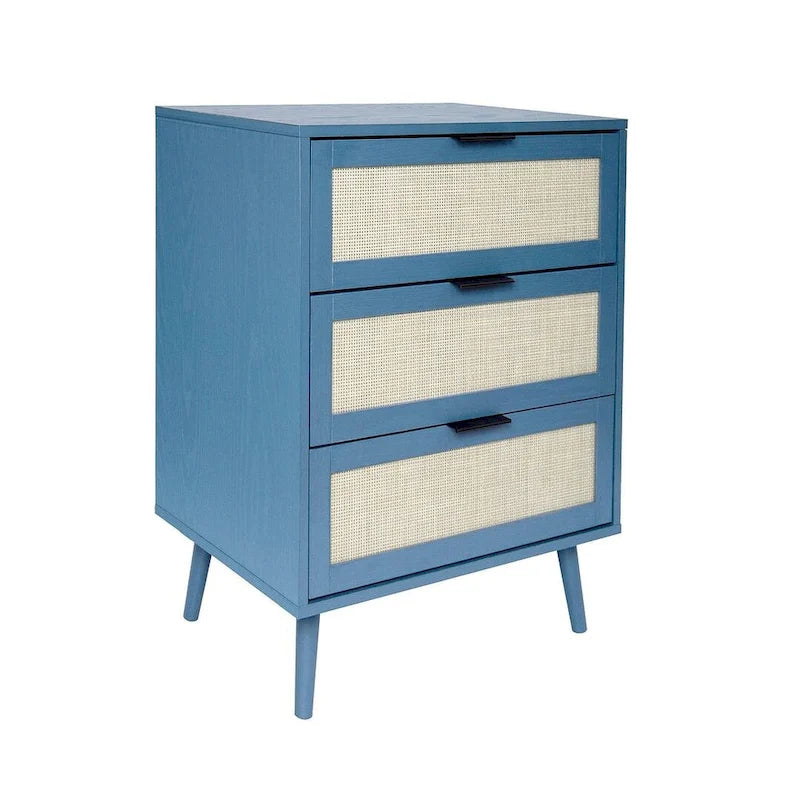 Commode de rangement à 3 tiroirs avec panneaux en rotin et pieds en pin, bleue