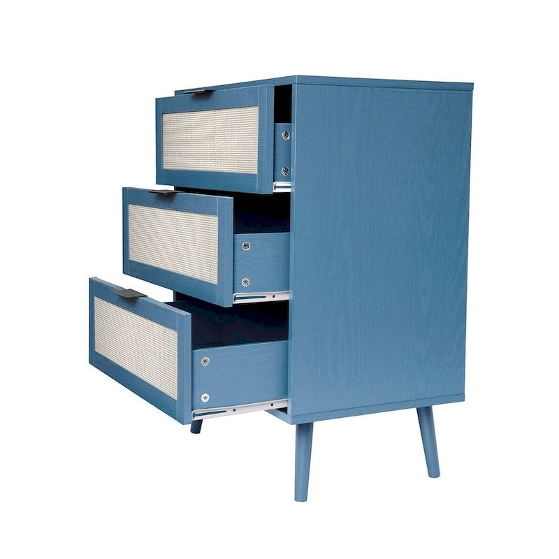 Commode de rangement à 3 tiroirs avec panneaux en rotin et pieds en pin, bleue