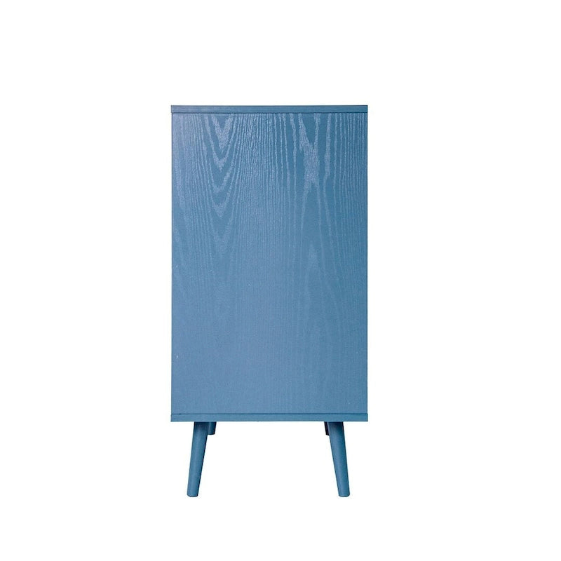 Commode de rangement à 3 tiroirs avec panneaux en rotin et pieds en pin, bleue