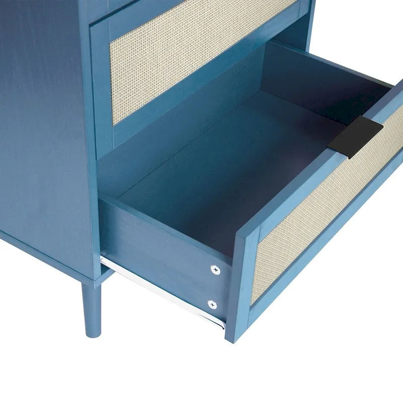 Commode de rangement à 3 tiroirs avec panneaux en rotin et pieds en pin, bleue
