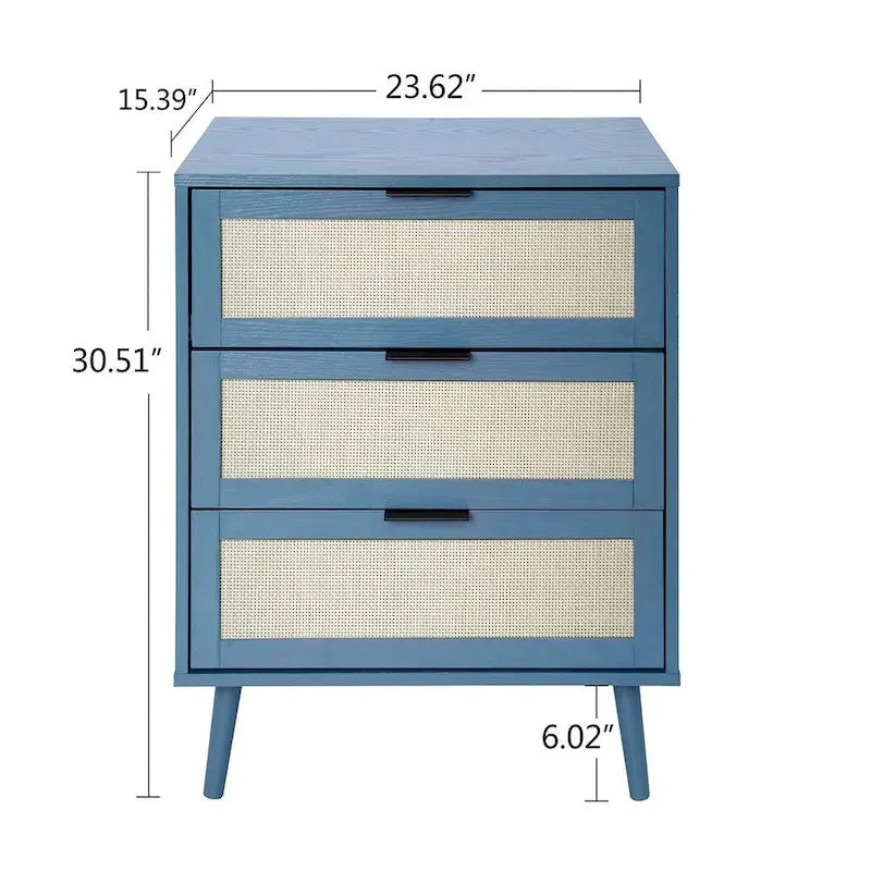 Commode de rangement à 3 tiroirs avec panneaux en rotin et pieds en pin, bleue