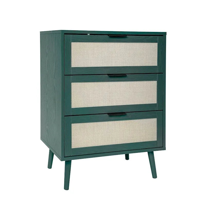 Commode de rangement à 3 tiroirs avec panneaux en rotin et pieds en pin, bleue