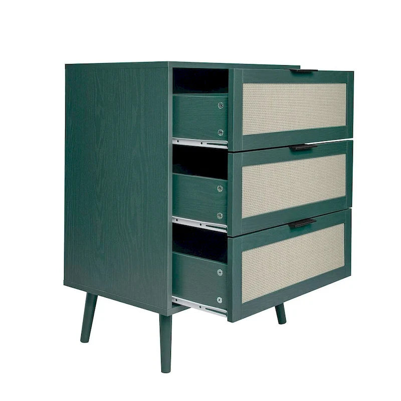Commode de rangement à 3 tiroirs avec panneaux en rotin et pieds en pin, bleue