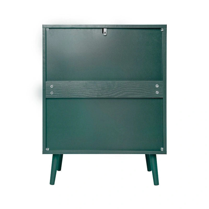 Commode de rangement à 3 tiroirs avec panneaux en rotin et pieds en pin, bleue
