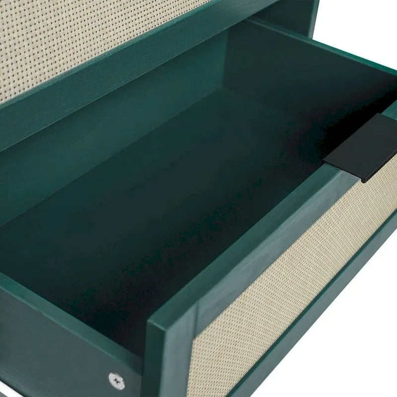 Commode de rangement à 3 tiroirs avec panneaux en rotin et pieds en pin, bleue
