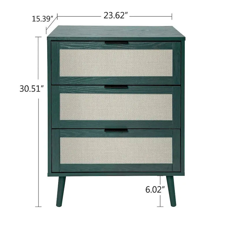 Commode de rangement à 3 tiroirs avec panneaux en rotin et pieds en pin, bleue