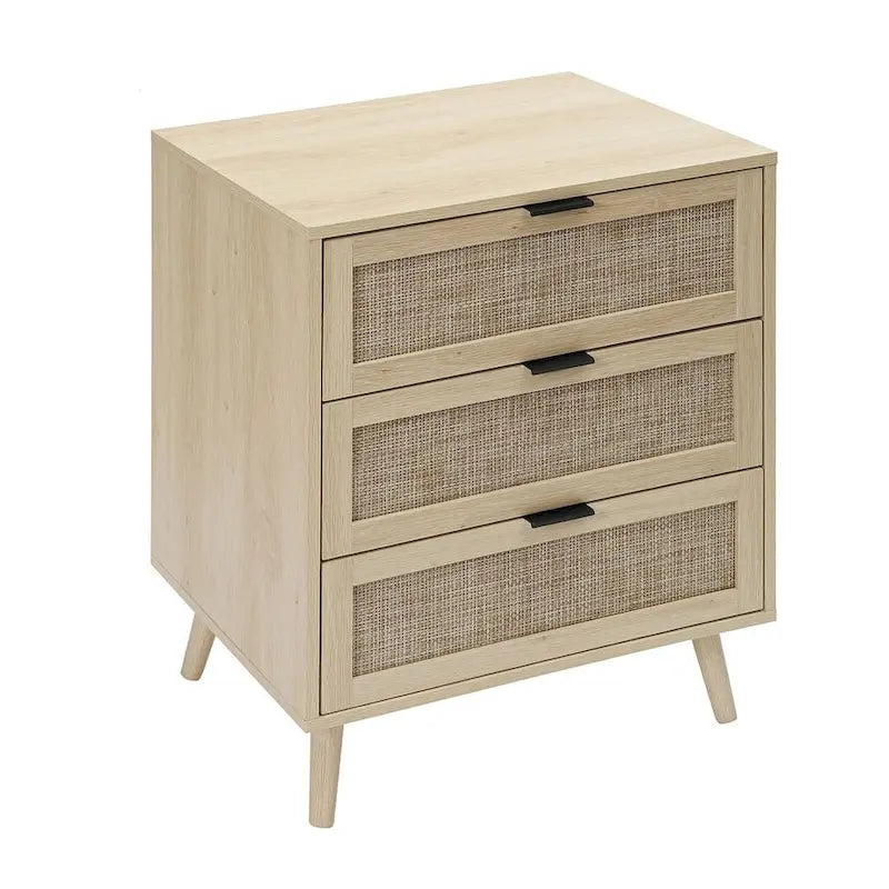 Commode de rangement à 3 tiroirs avec panneaux en rotin et pieds en pin, bleue