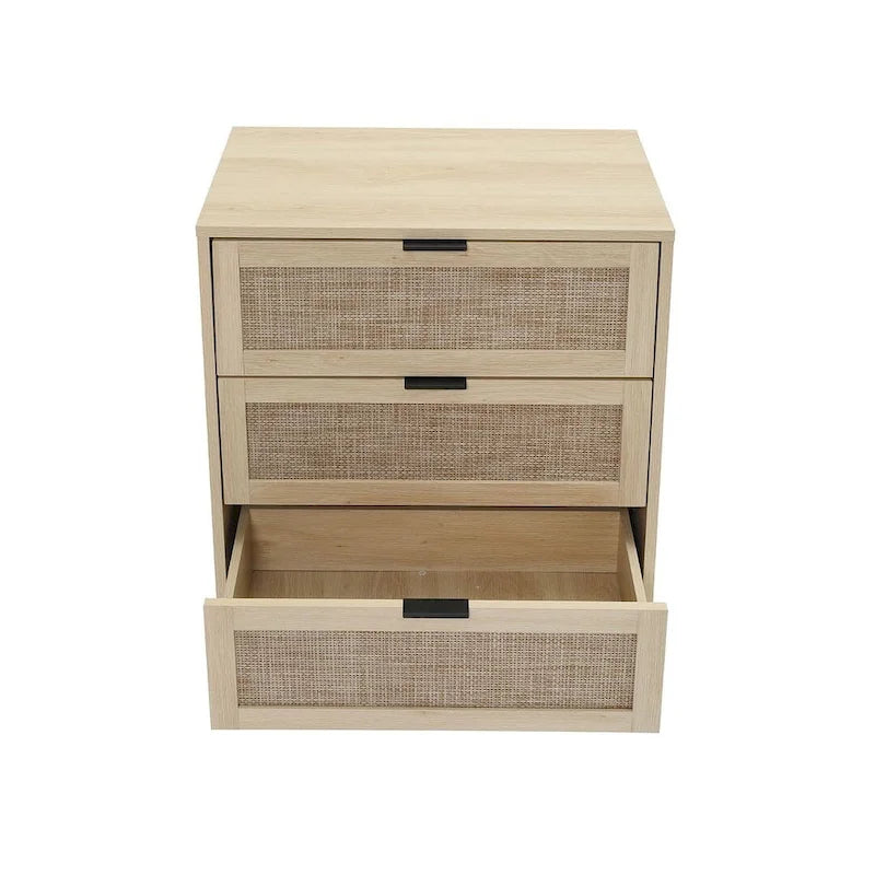 Commode de rangement à 3 tiroirs avec panneaux en rotin et pieds en pin, bleue